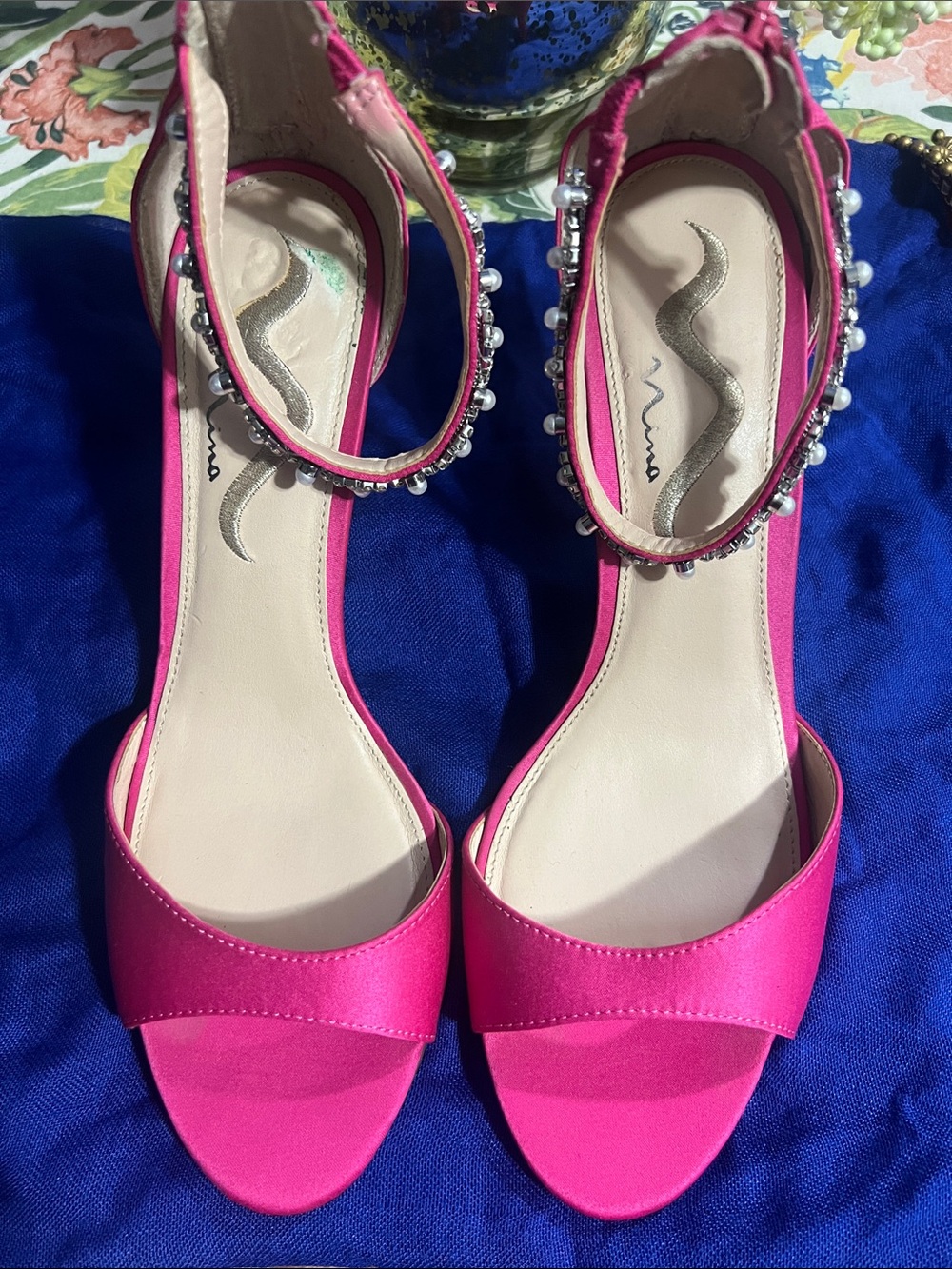 Nina Hot Pink Ankle-Strap Heels with Pearl Trim